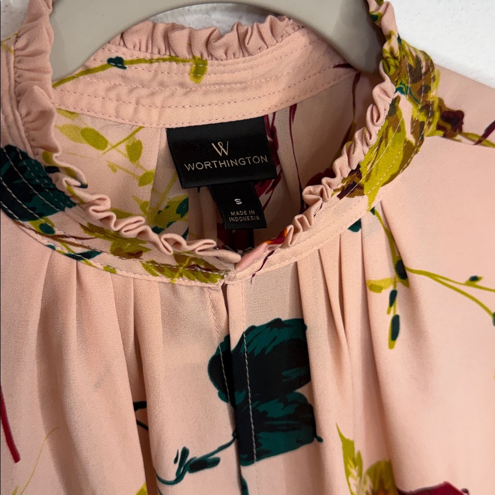 Worthington Pink Floral Smocked Neck Blouse